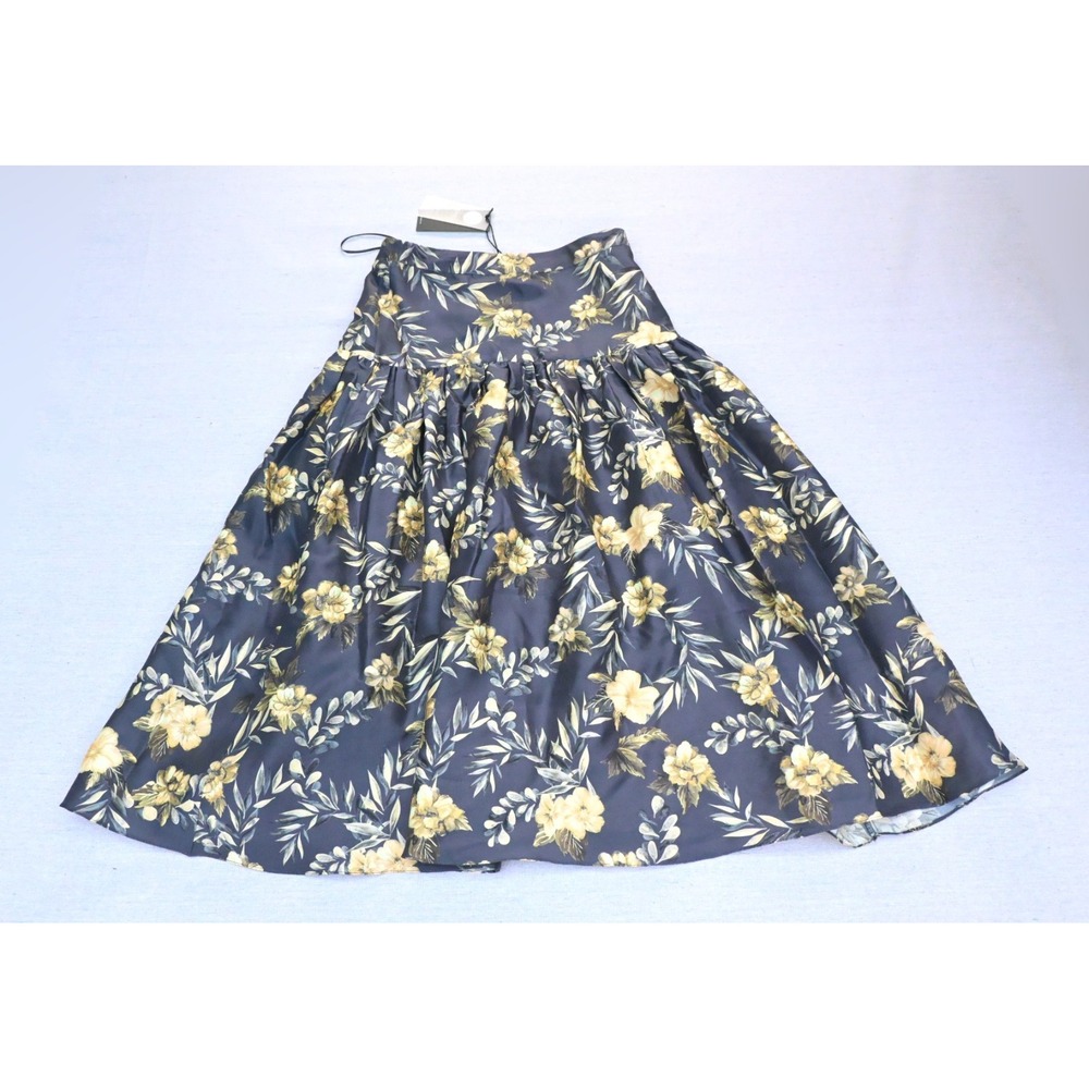 SIR Womens 0 Grey Watercolor Floral Midi Skirt NWT Gathered Yoke Lined Swingy